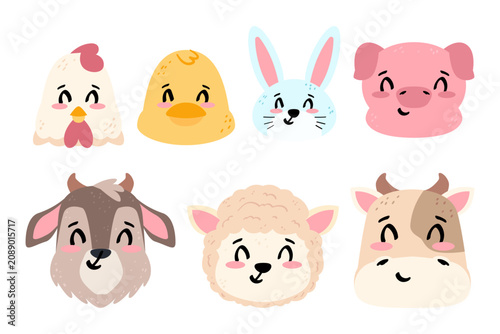 Cute Farm Animal Head Cartoon Set with Hand Drawn Illustration for Kids Nursery Stickers, Clipart and Print on Demand Projects
