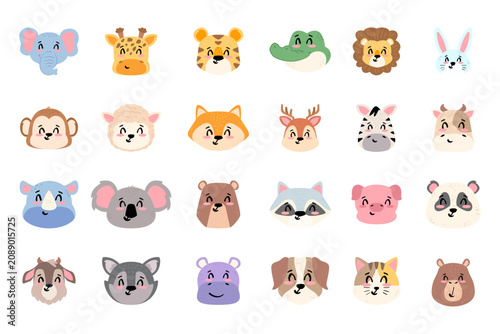 Cute Colorful Animal Head Cartoon Set with Hand Drawn Illustration for Kids Nursery Stickers, Kids Doodle Design