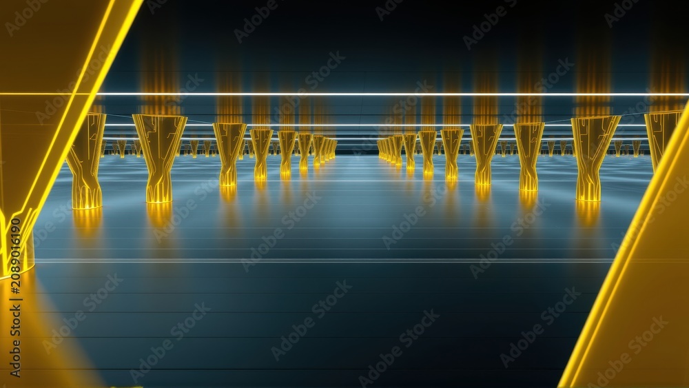Fototapeta premium Futuristic corridor. Glowing yellow lines create geometric shapes, illuminating dark blue floor. Perspective emphasizes depth, symmetry.