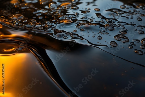 Abstract liquid surface with water droplets and warm reflections.