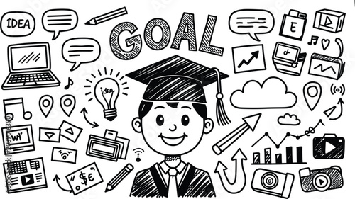 Happy graduate student boy character doodle banner with strategic education goals media and corporate career path icons