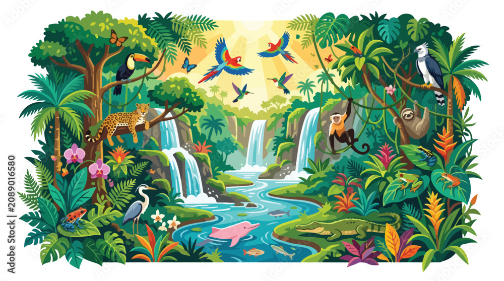 Fototapeta premium Colorful vector illustration of the Amazon rainforest during the day featuring diverse wildlife like a jaguar toucan macaw monkey sloth and pink river dolphin