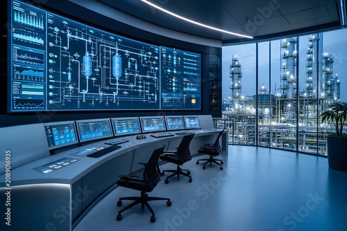Modern Industrial Control Room Monitoring a Complex Refinery Operation at Night.