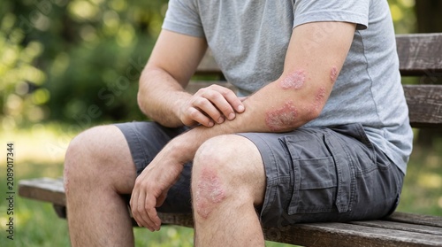 Close-up of a man sitting on a park bench, showing visible skin irritation on his arm and knee. The man is wearing a grey t-shirt and dark shorts.