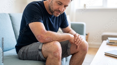 A man with psoriasis sits on a couch, looking down with a thoughtful expression. His arms and legs show patches of red, scaly skin, indicating his condition