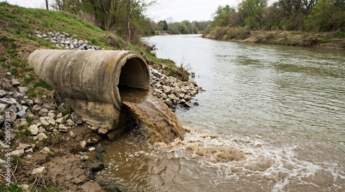 A large concrete pipe discharging murky water into a river, polluting the environment. The pipe is situated on a muddy bank lined with rocks and vegetation