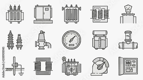 Corporate Collection of Monochromatic Line Icons Featuring Electrical and Industrial Equipment for Presentations Websites and Reports