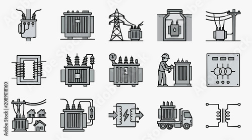 Clean Black and White Line Drawing Icons Set of Electrical Transformers Power Stations and Grid Components