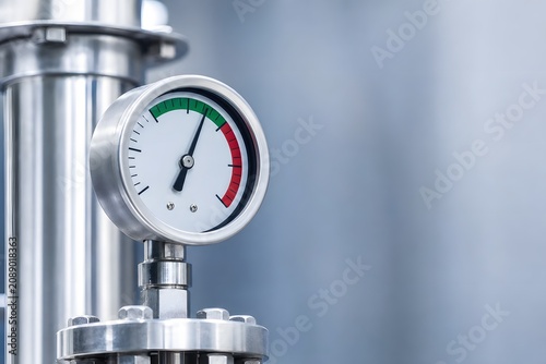 Industrial pressure gauge on stainless steel pipe showing measurement.