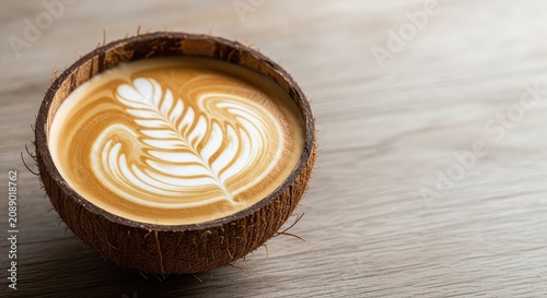 A freshly cracked coconut shell rests on a wooden surface, filled with a creamy coffee latte featuring intricate white milk foam latte art, drink, shell, energy