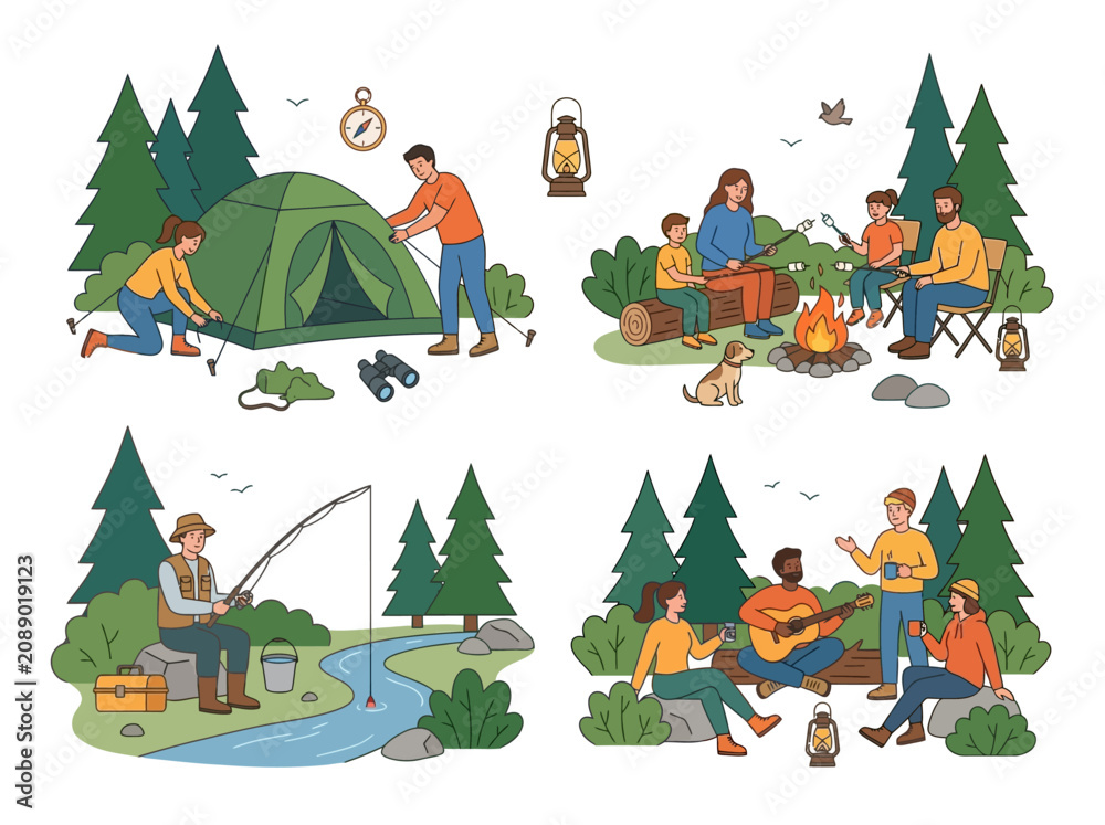 Fototapeta premium People Camping In The Woods.