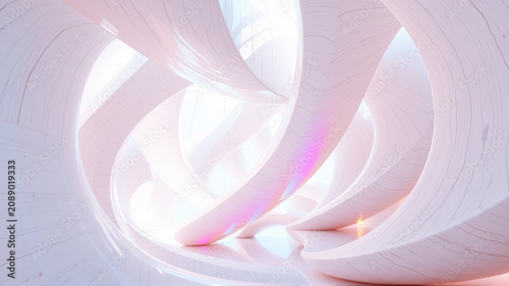 Fototapeta premium Abstract flowing forms, soft pink hues, light plays within curved structures. Minimalist design, elegant composition, futuristic aesthetic.