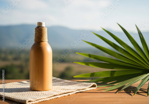 Minimalist eco-friendly skincare bottle with wooden cap, soft natural light, rustic wood surface, dried flowers, artisanal packaging, organic beauty aesthetic, still life photography