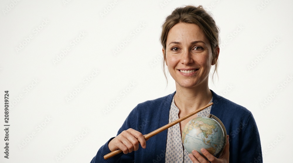 Fototapeta premium Smiling Educator Holding Globe Teaching Concept