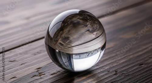 A mysterious clear glass sphere sits atop a rustic wooden surface, reflecting soft ambient light in a dark, atmospheric interior setting, wood, crystal, glow