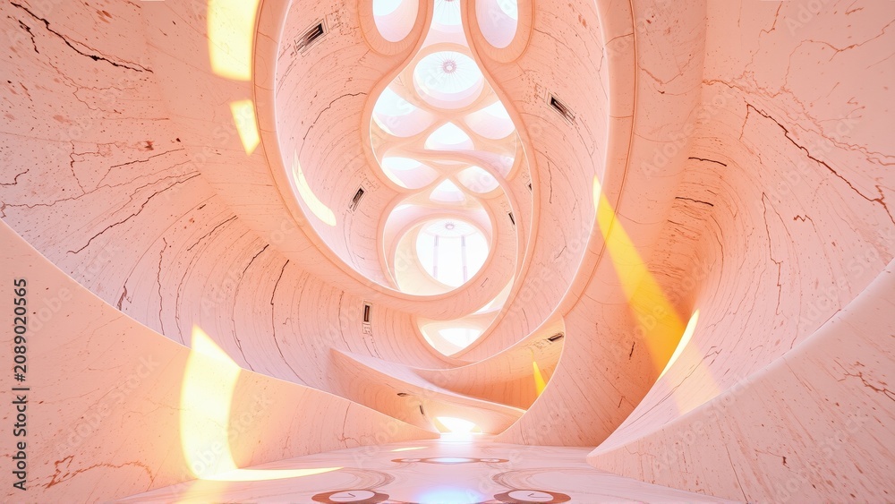 Fototapeta premium Futuristic interior. Organic shapes, warm lighting, marble textures create surreal tunnel effect. Minimalist design, soft glow.