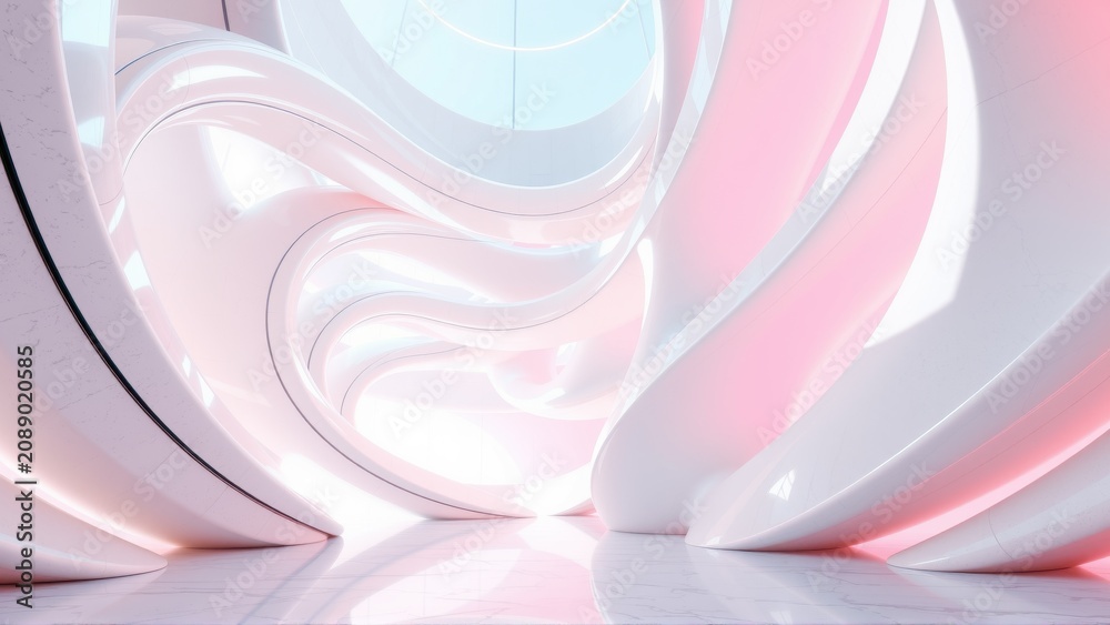 Obraz premium Futuristic interior. Smooth white walls curve, creating abstract space. Soft pink, blue light illuminates floor, evoking calm atmosphere.