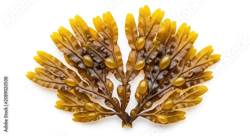 Detailed macro shot of brown bladderwrack seaweed showing unique air bladders and organic plant textures against a clean white background, fucus, biology, environment