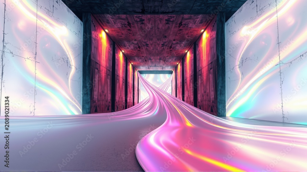 Fototapeta premium Tunnel view, vibrant light streaks, concrete walls. Futuristic design, glowing pinks, blues create dramatic perspective.