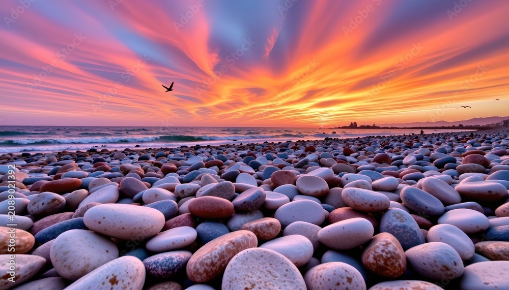 Obraz premium Sunset Over Pebble Shore with Seagull Calm Sea