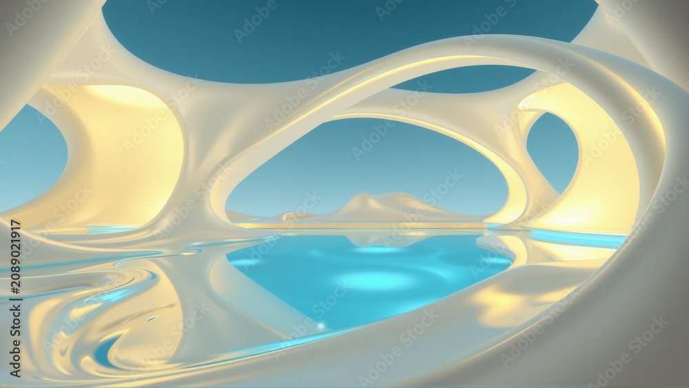 Fototapeta premium Abstract fluid shapes, luminous gold, turquoise hues. Smooth curves create organic tunnel, reflecting light, serene atmosphere.