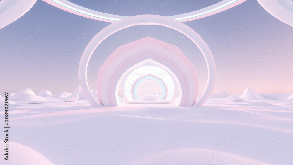 Fototapeta premium Abstract arches form tunnel. Soft pastel colors dominate landscape. Minimalist design evokes serenity, futuristic vibe. Smooth textures, gentle light.