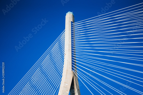 Zakim bridge pylon and cables against blue sky