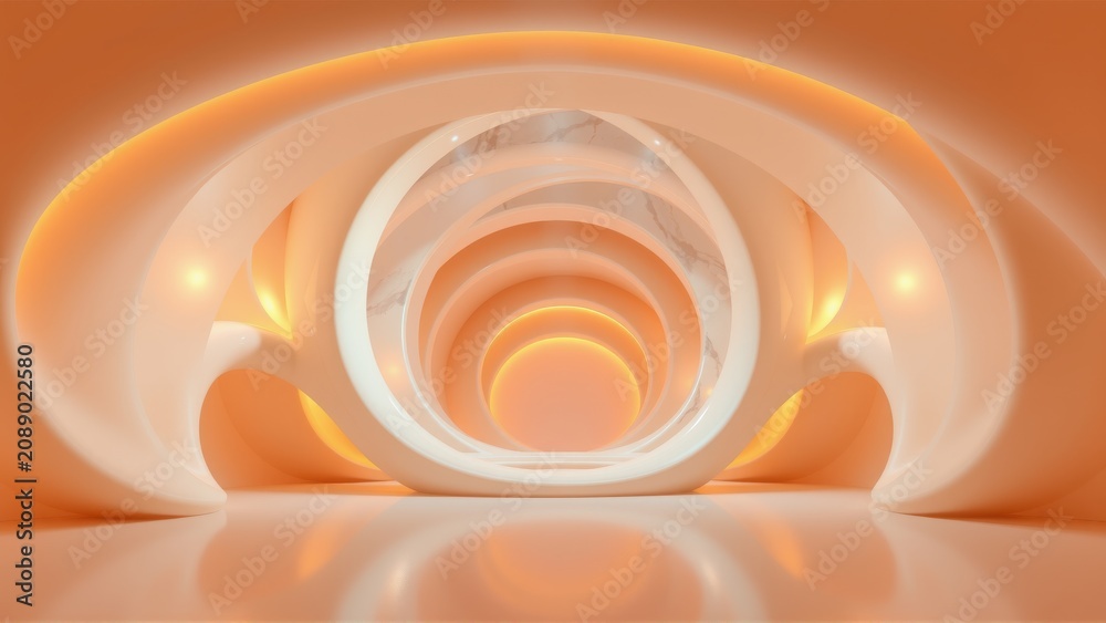 Fototapeta premium Abstract interior. Concentric arches glow warmly. Smooth surfaces reflect light creating depth, futuristic design. Minimalist aesthetic.