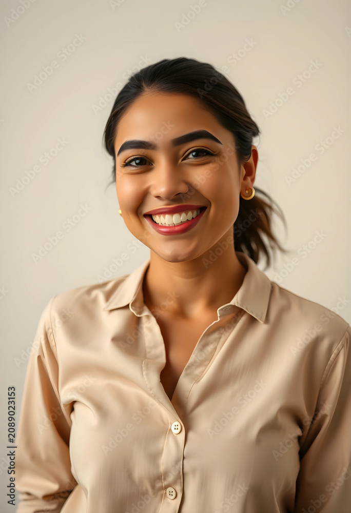 Fototapeta premium Happy young woman smiling in beige shirt with warm studio lighting