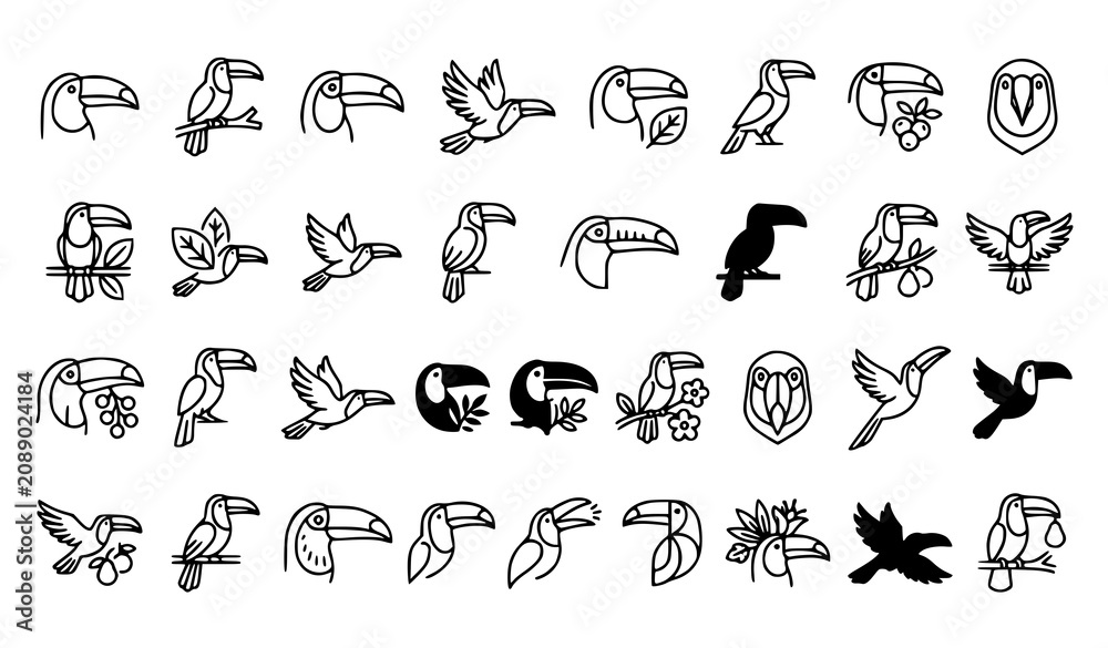 Fototapeta premium Toucanet Silhouette and Tropical Bird Vector Icon Collection