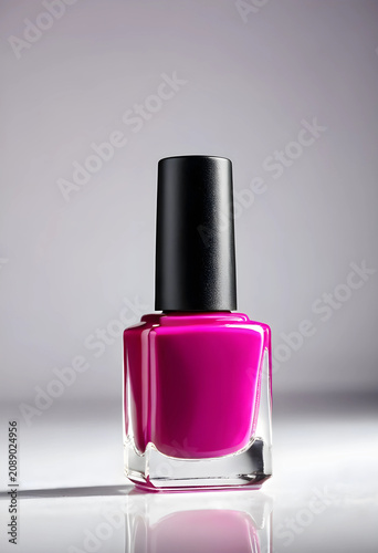 Bright pink nail polish bottle on white surface