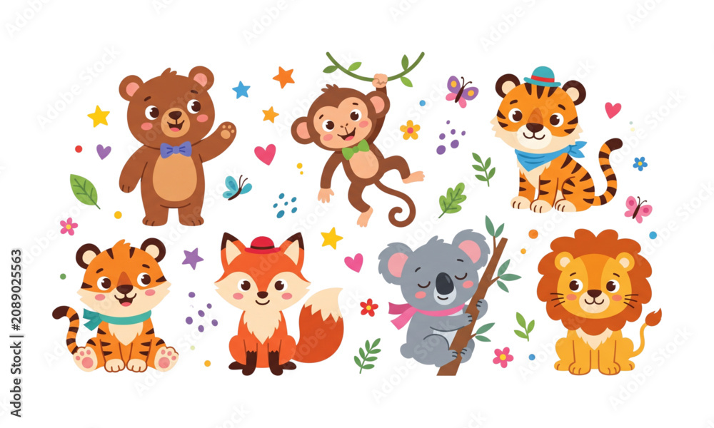 Fototapeta premium Cute Cartoon Wild Animals Collection with Smiling Faces Flat Vector Illustration Isolated on White Background