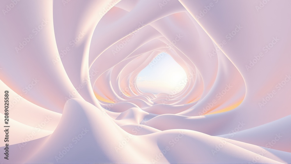Fototapeta premium Abstract tunnel, soft light, flowing shapes. Pale pinks, creams create dreamy, infinite space. Minimalist design, elegant curves.