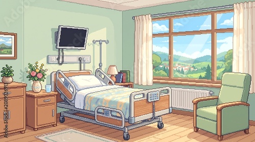 Modern hospital room interior featuring a medical bed and a bright window with scenic views