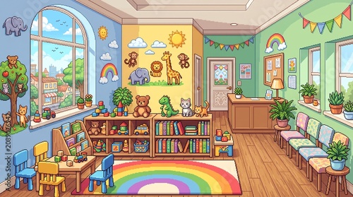 Colorful pixel art kindergarten classroom with toys and books in a bright and cozy indoor setting