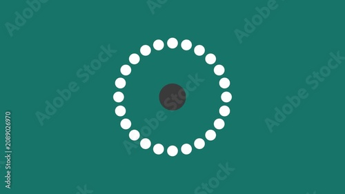 Minimalist loading spinner animation with rotating 4k white dots on teal background, motion minimalist