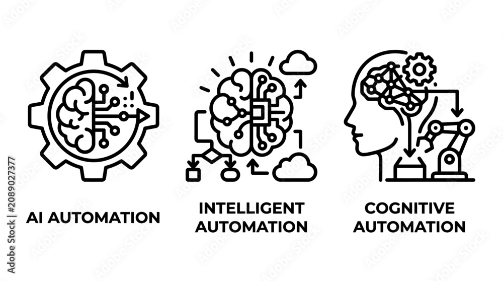 Obraz premium Collection of line art icons depicting AI intelligent cognitive automation workflows for machine learning and neural networks automation artificial intelligence cognitive learning software