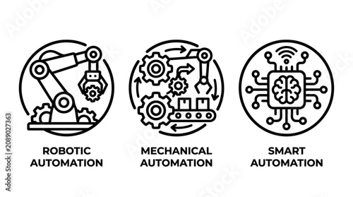 Set of three linear icons illustrating robotic mechanical smart factory automation concepts for industrial technology industry design automation robotics mechanical industry technology