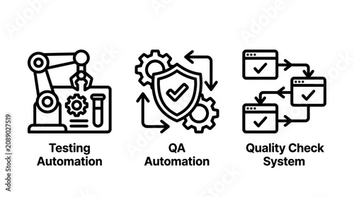 Quality assurance testing and automated systems line icons with automation assurance development software technology engineering technical workflow management infrastructure deployment