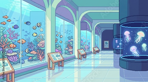 Vibrant pixel art aquarium interior showcasing colorful tropical fish and glowing jellyfish in large glass tanks