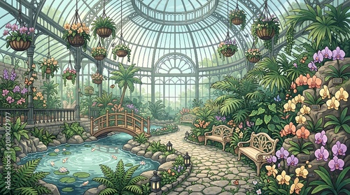 Beautiful glass greenhouse filled with colorful blooming orchids and a peaceful stone path near water