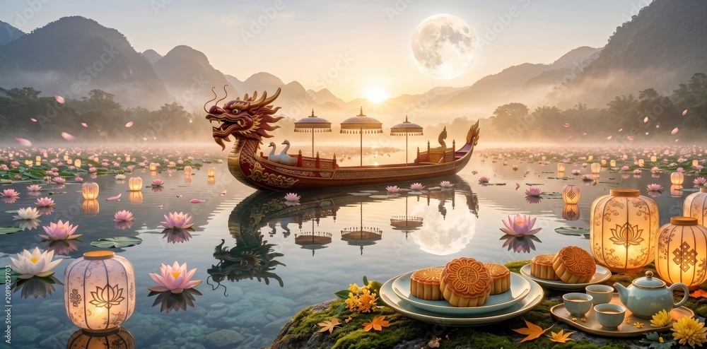 Obraz premium Ornate dragon boat floating on misty lake with lotus flowers and mooncake celebration at sunset featuring traditional lanterns and mountain scenery for mid autumn festival cultural holiday concept