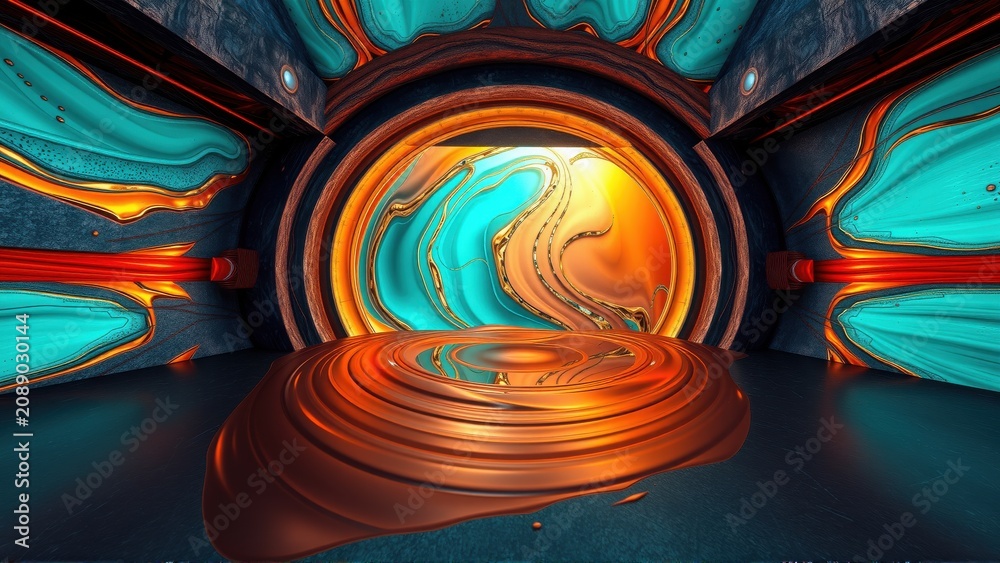 Fototapeta premium Abstract interior. Fluid shapes, vibrant colors dominate space. Orange, turquoise blend creating surreal tunnel effect. Dramatic lighting enhances depth.