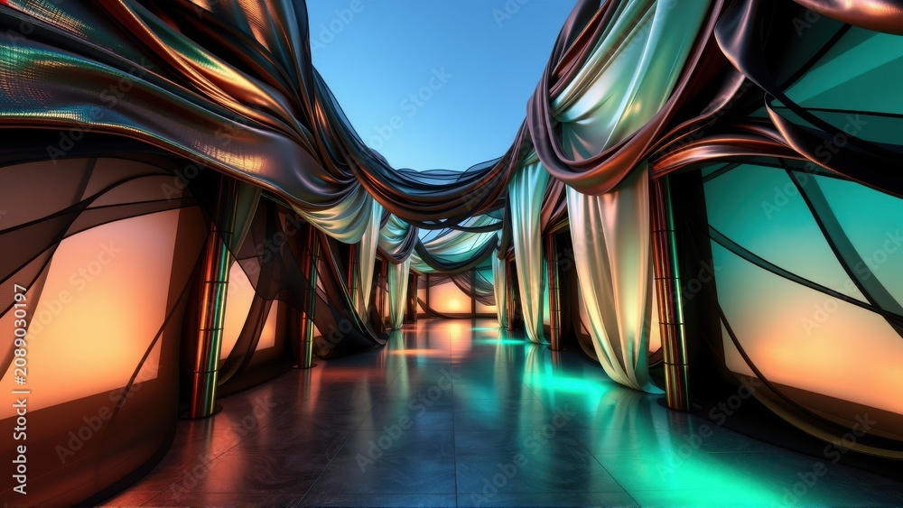 Fototapeta premium Futuristic corridor. Smooth curves, vibrant colors, dramatic lighting create immersive space. Abstract design evokes modern architecture.
