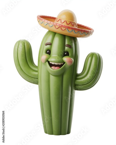 Cartoon cactus character wearing a traditional mexican sombrero hat
