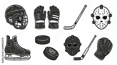 Photography Ice Hockey Equipment Set: Skates, Helmet, Gloves, Puck, Sticks, Masks