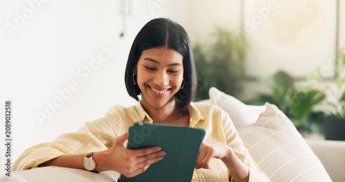 Εκτύπωση καμβά Streaming, digital or woman on couch with tablet, video subscription or post update on online site