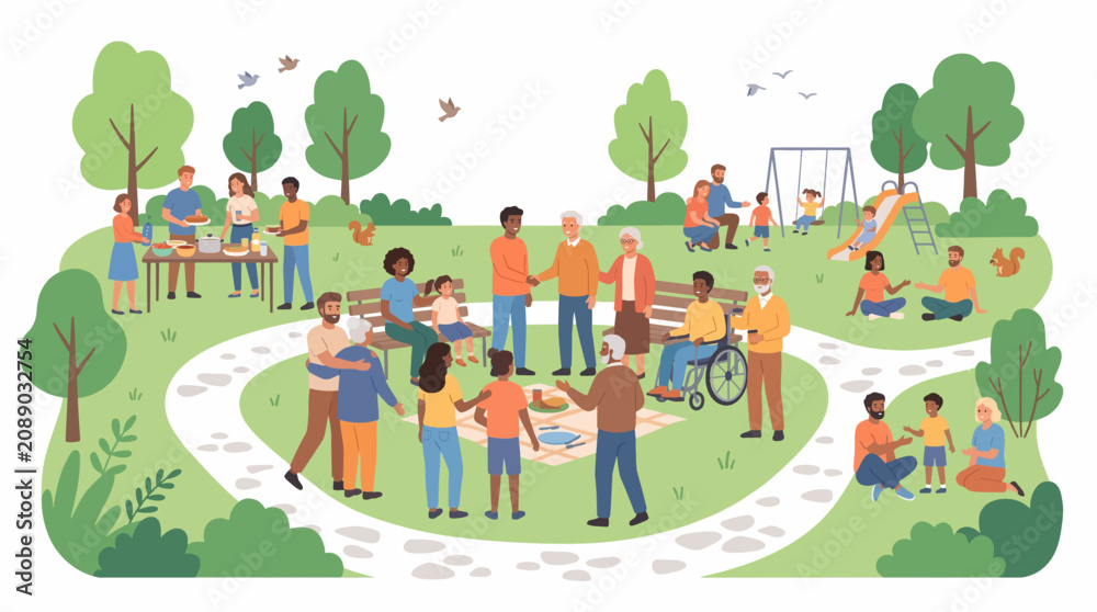 Fototapeta premium Community Park Celebration: A vibrant park scene depicts people of all ages and backgrounds enjoying a sunny day filled with connection and outdoor activities.