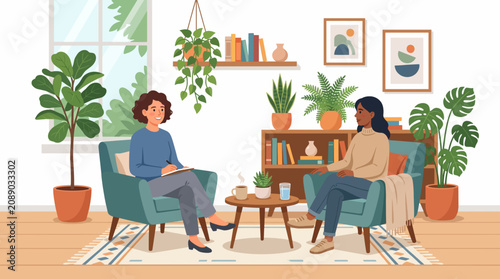 Therapy Session in a Cozy Room: Two women sit in comfortable armchairs in a beautifully decorated living room, engaged in a one-on-one therapy session.