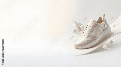 Stylish beige running sneaker displayed with abstract geometric shapes on smooth flowing surface for fashion retail advertising